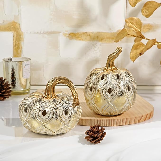 Hollyone Fall Pumpkin Decor 2 PCS Champagne Gold Resin Pumpkins Figurines Fake Pumpkins Faux Pumpkins Rustic Farmhouse Centerpiece for Thanksgiving Harvest Halloween Autumn Fall Decorations for Home
