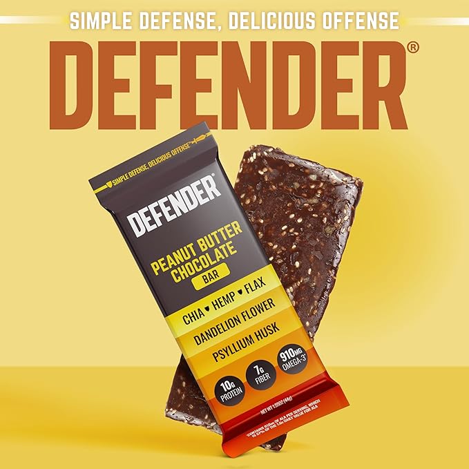Defender Vegan Protein Bar, Peanut Butter Chocolate, Plant Based Snack Breakfast Bars, Psyllium Husk, High Fiber, Non GMO, Kosher, No Stevia & Sugar Alcohols, 12 Bars, Holiday Gift Item, Stocking Stuffer
