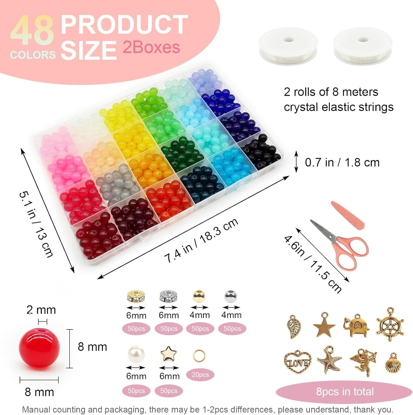 Dayify 1500 Pcs 8mm Glass Beads Bracelet Making Kit, 48 Colors Crystal Beads for Jewelry Making, Round Glass Beads with Charms for Bracelets and DIY Crafts (43 Solid Colors and 5 Mermaid Colors)