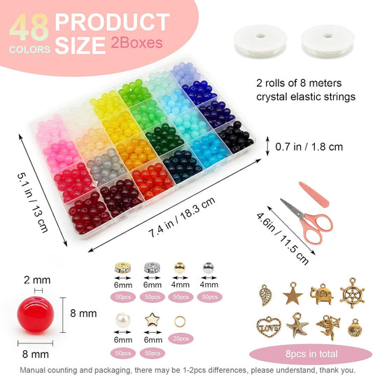 Dayify 1500 Pcs 8mm Glass Beads Bracelet Making Kit, 48 Colors Crystal Beads for Jewelry Making, Round Glass Beads with Charms for Bracelets and DIY Crafts (43 Solid Colors and 5 Mermaid Colors)