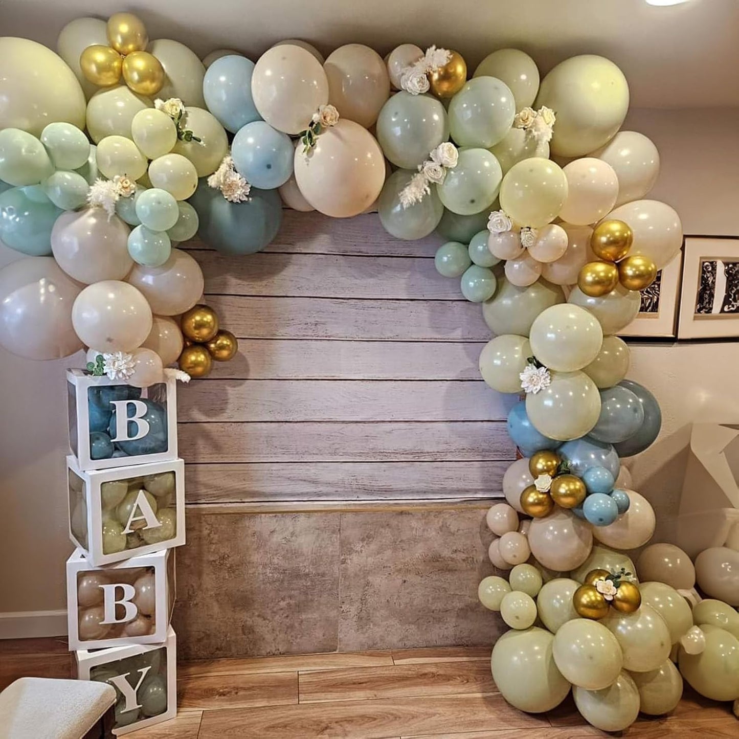 Togvu Dusty Green Blue Balloon, 60 Packs 12 Inch Sage Green Blue Balloon with Haze Fog Blue Sand White and Gold Balloons for Jungle Safari Neutral Boho Birthday Baby Shower Party Decorations
