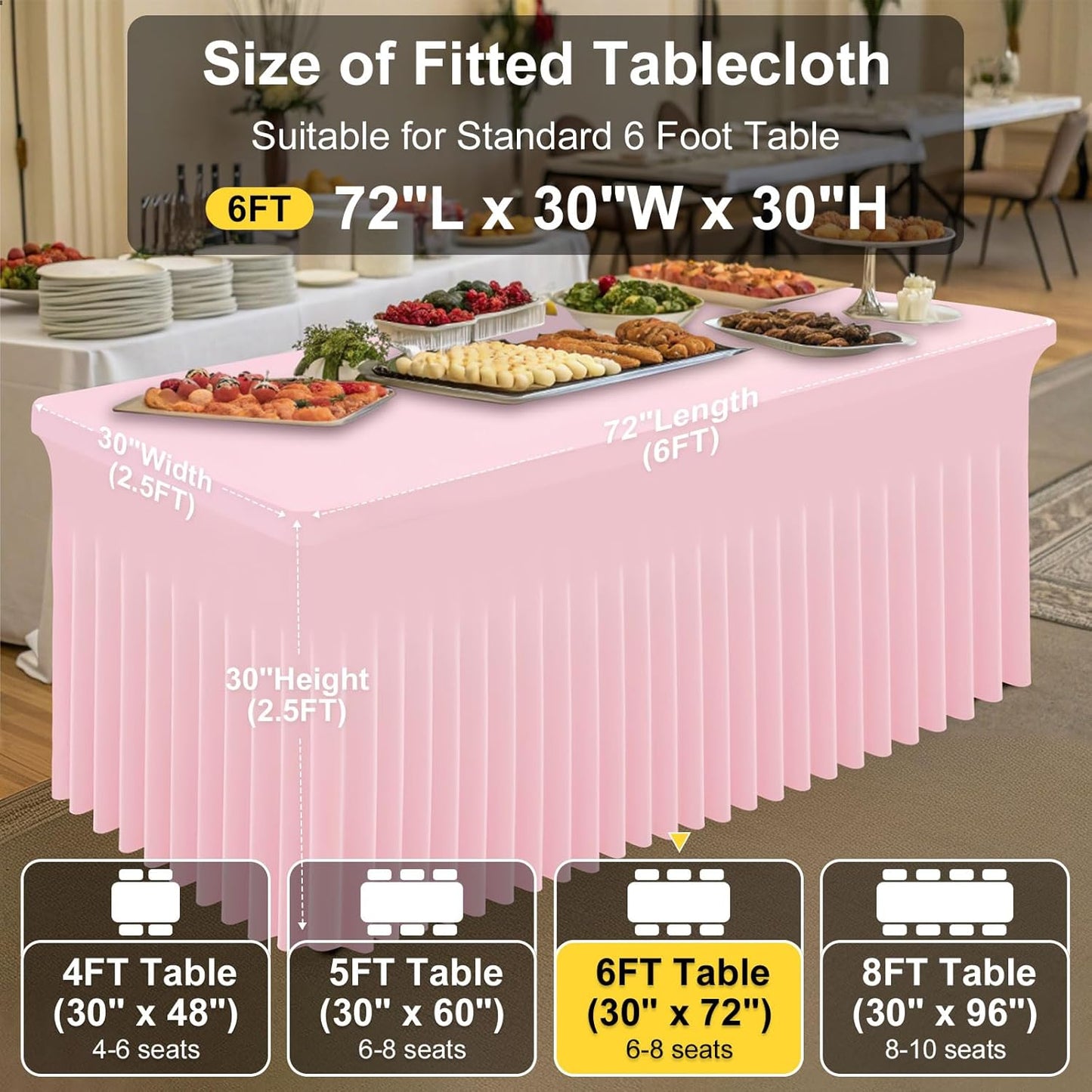 Smiry Spandex Tablecloth, Elastic Fitted Stretch Tablecloth for 6FT Rectangle Tables, Waterproof Washable Table Cover Skirt for Outdoor, Wedding, Banquet & Parties (Pink, 72Lx30Wx30H Inch)