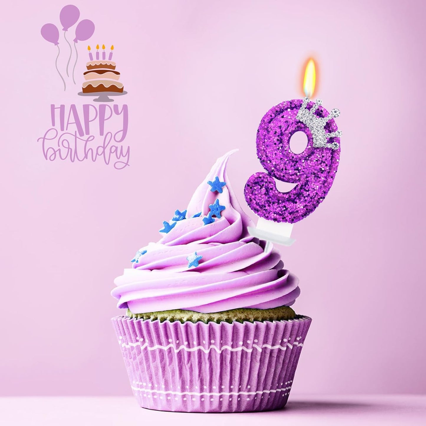Purple Birthday Candle for Cake, Crown Purple Number Candles, 2.76 inch Cake Topper Decoration for Princess Birthday Party (Number 9)