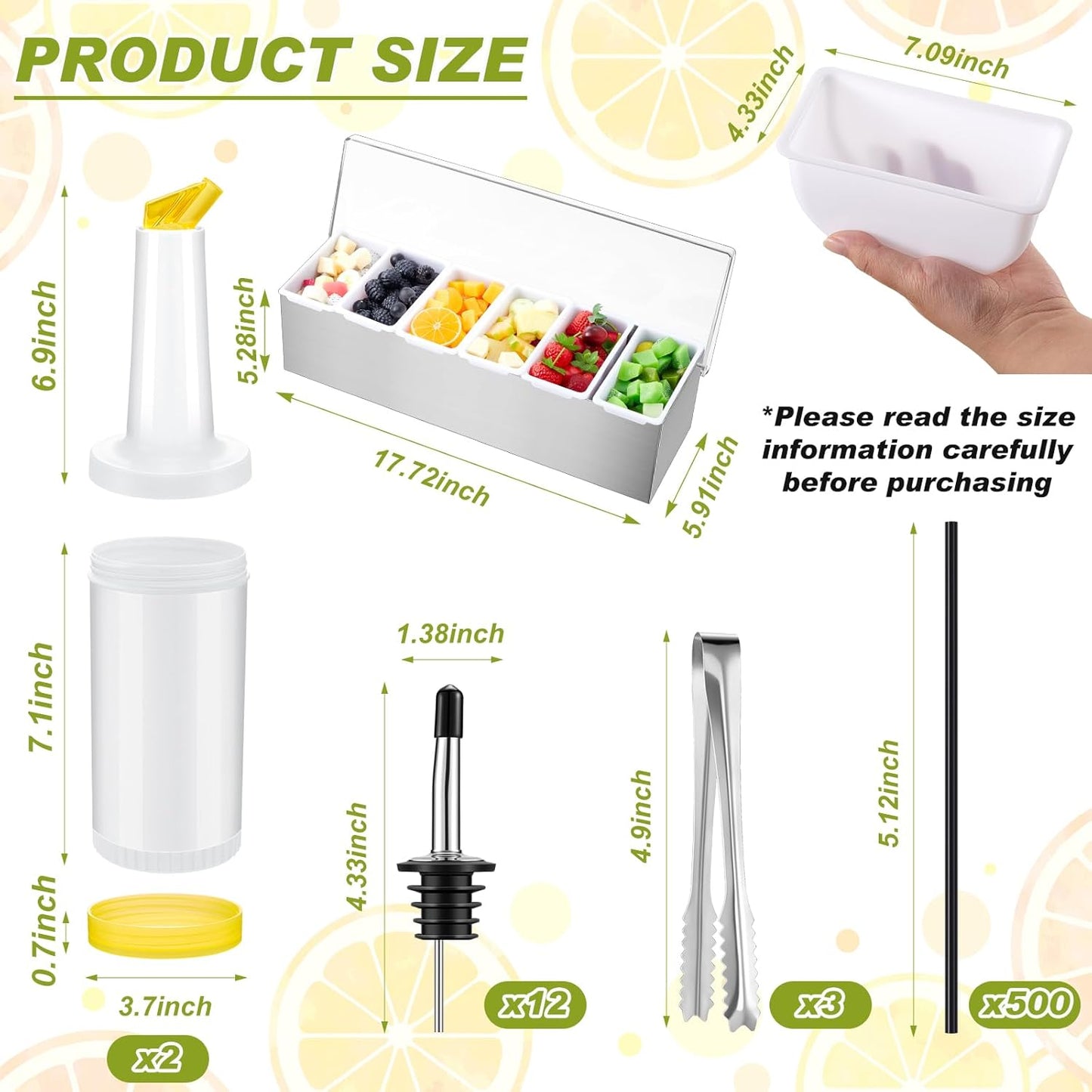 Mifoci Garnish Tray with Lid Bar Caddy 3 Tier Glass Rimmer 12 Stainless Steel Bottle Pourers 2 Plastic Juice Pour Bottles 1000 Count Cocktail Straws 3 Serving Tongs(6 Compartments,Stainless Steel)