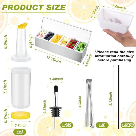Mifoci Garnish Tray with Lid Bar Caddy 3 Tier Glass Rimmer 12 Stainless Steel Bottle Pourers 2 Plastic Juice Pour Bottles 1000 Count Cocktail Straws 3 Serving Tongs(6 Compartments,Stainless Steel)