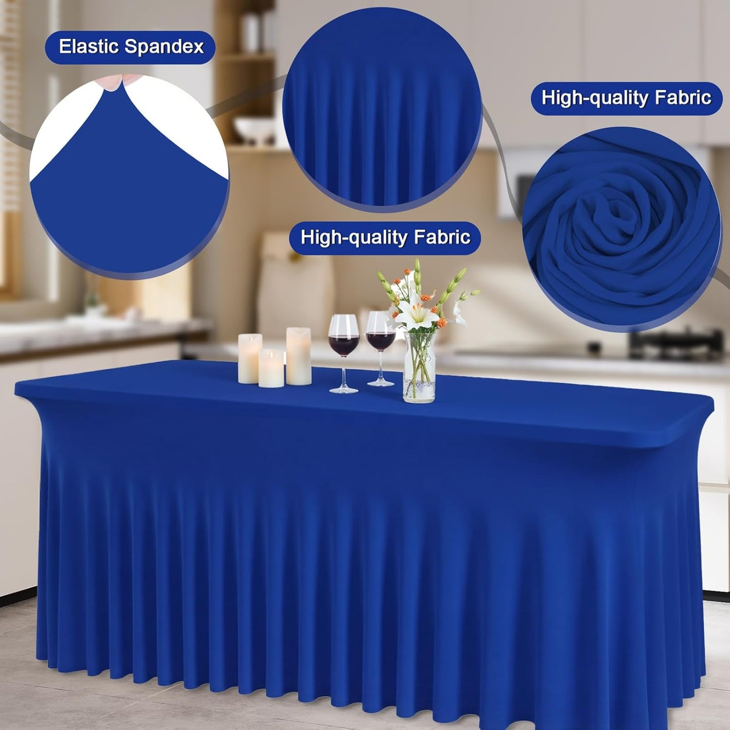 JCJ Table Skirt for Rectangle Tables Spandex Fitted Royal Blue Tablecloths for 6FT Tables, Wrinkle Resistant Ruffles Elastic Table Cover Skirts for Teacher Desk Weddings Banquets Parties