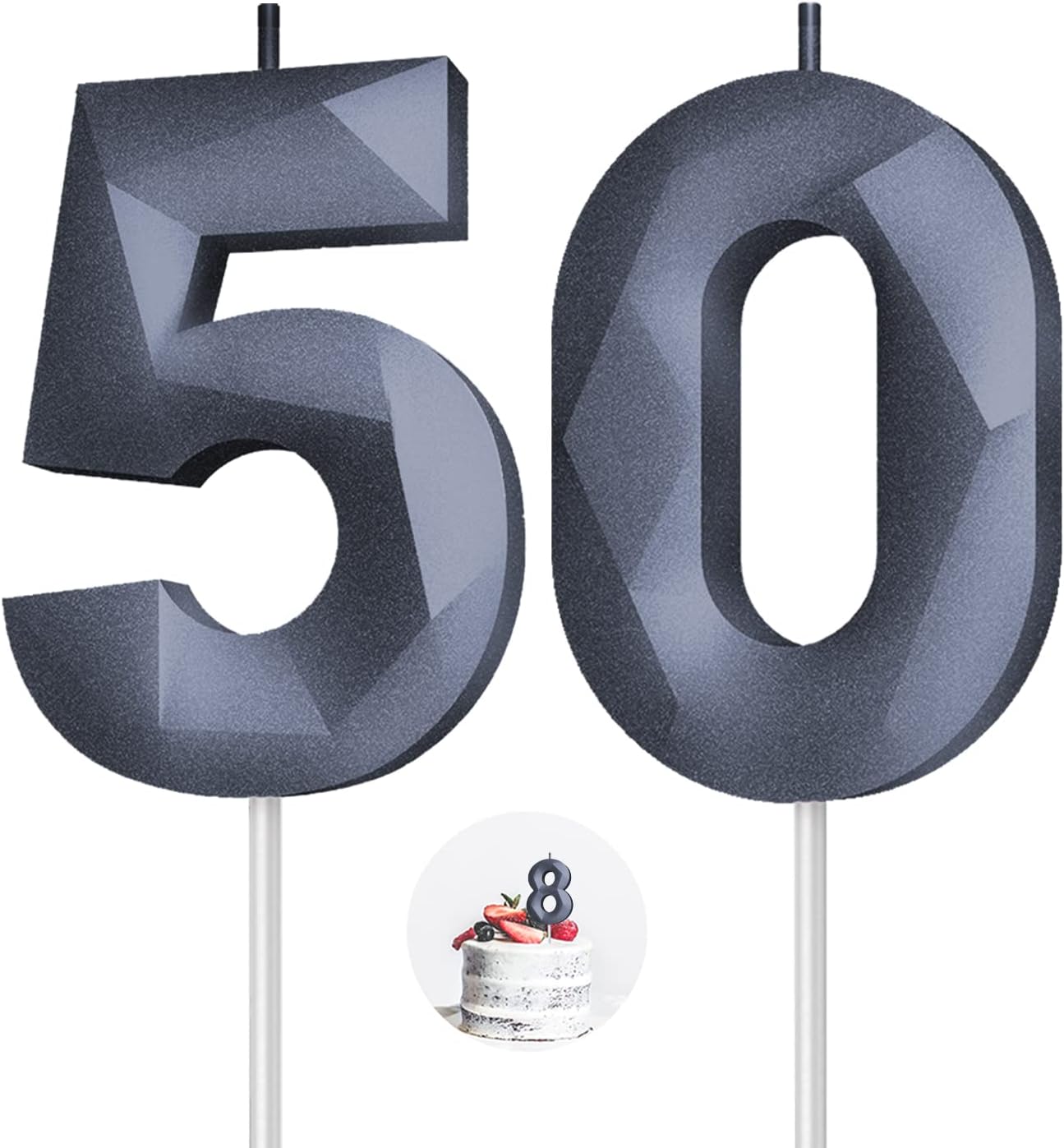 Number Birthday Candles(50 Candle Black) 3D Diamond Shape 50th Happy Birthday Cake Topper Decorations for Women Men Birthday Wedding Anniversary Celebration Theme Party Supplies