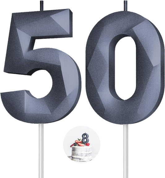 Number Birthday Candles(50 Candle Black) 3D Diamond Shape 50th Happy Birthday Cake Topper Decorations for Women Men Birthday Wedding Anniversary Celebration Theme Party Supplies