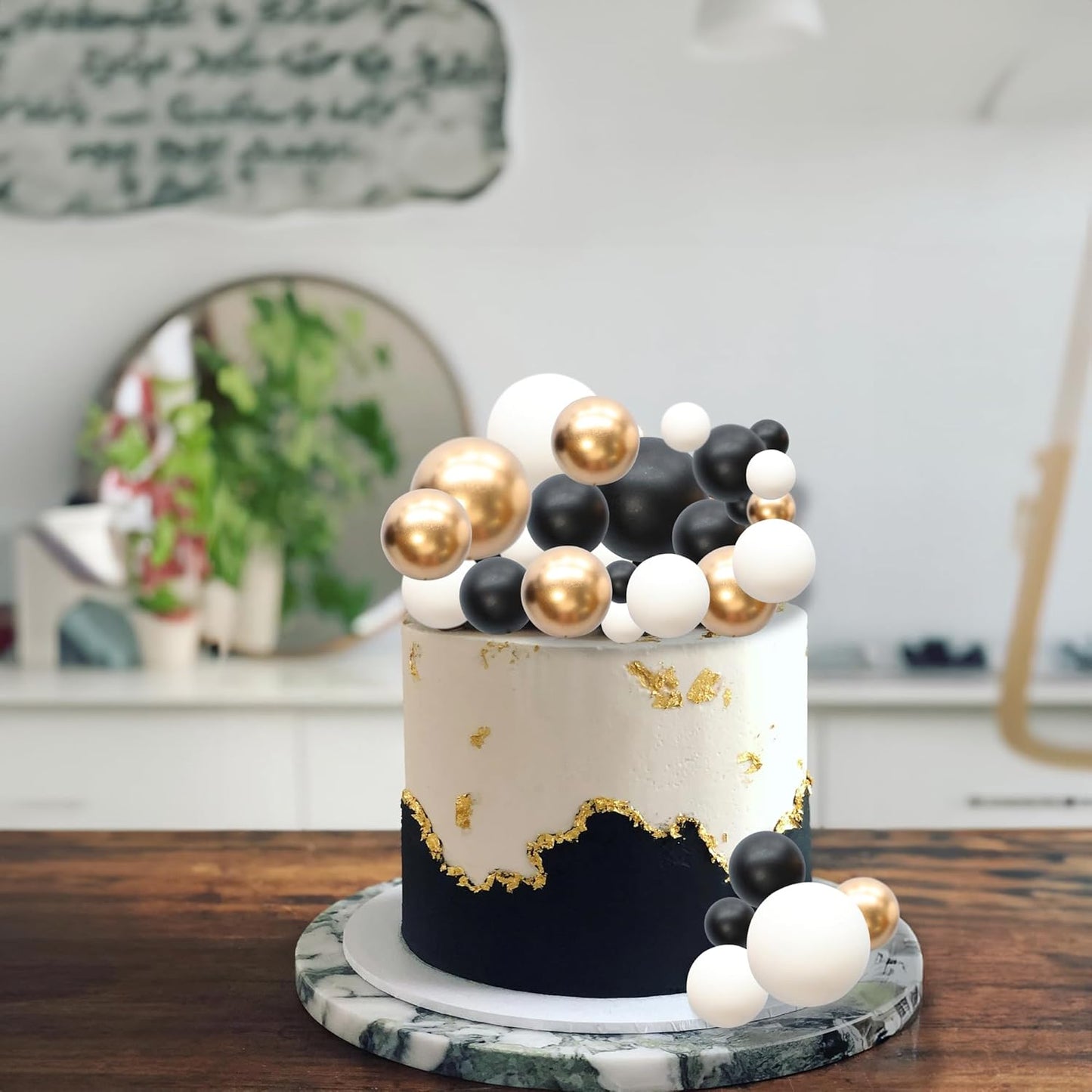 Ephlyn 30Pcs Ball Cake Topper Ball Cake Picks Colorful Pearl Ball Shaped Cupcake Insert Cake Topper for Bear Theme Birthday Party Favors Wedding Decoration Light Gold Black White