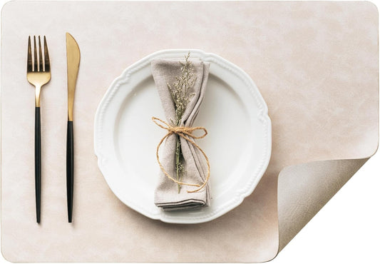 DOLOPL Placemats Set of 4 Reversible Dual-Color Table Placemats –Heat Resistant Wipeable & Washable Place Mats, Luxury Faux Leather Table Mats for Vintage Dining Table Decor (Beige&Light Grey)