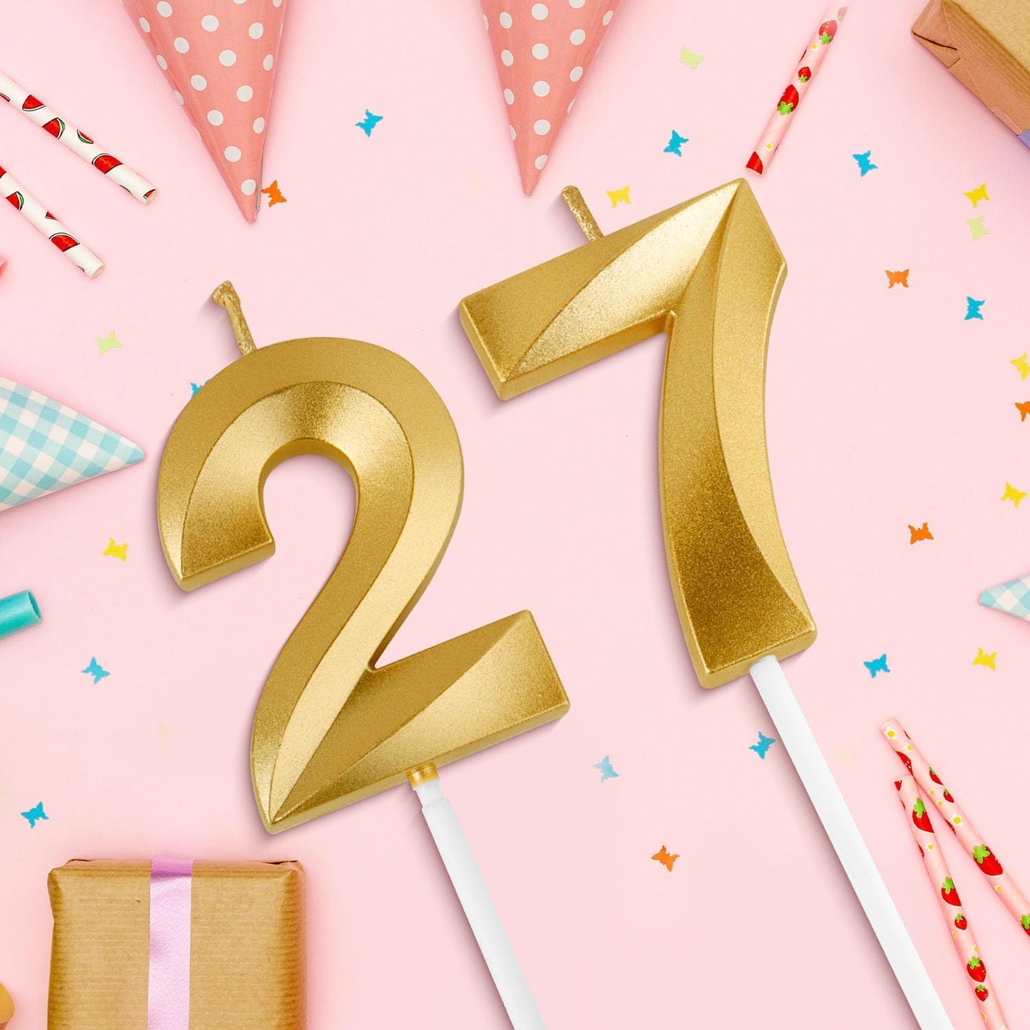Birthday Candles, 1.96 Inch Number 27 Happy Birthday Candles, Number Candles Decoration for Birthday Party and Anniversary Celebration(Champagne Gold)