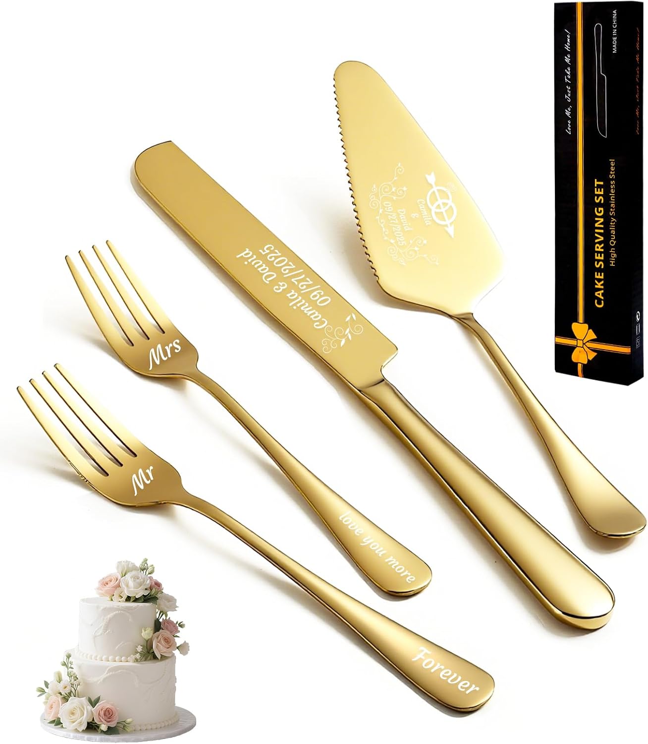 HJX Personalized Wedding Cake Knife and Server Set, Custom Names Cake Cutting Set, Customized Knife and Cake Server Set Gift for Bridal Anniversary Birthday Wedding Registry (Gold)