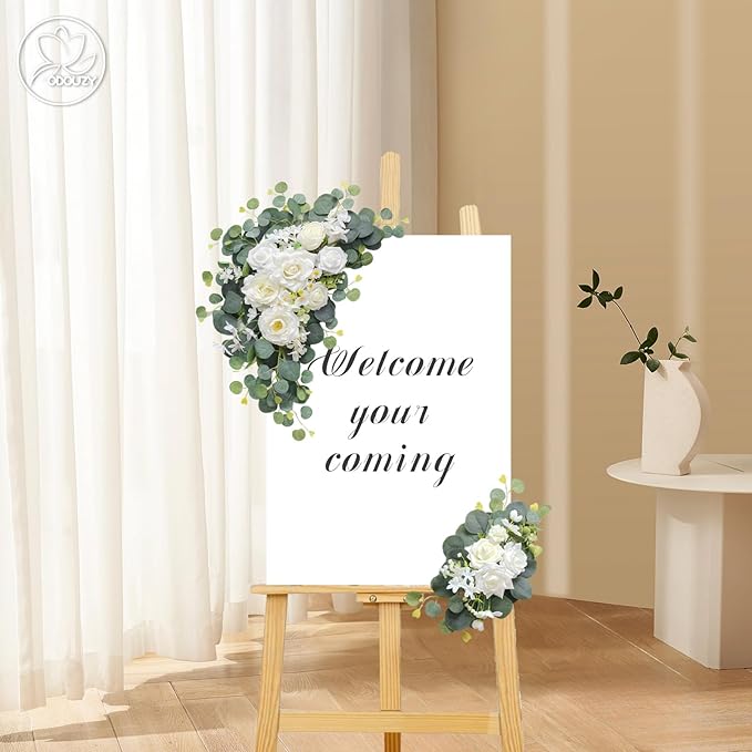 Artificial Wedding Arch Flowers for Wedding Sign,Set of 2 for Wedding Welcome Ceremony Sign,Faux Floral Swags,Wedding, Banquet and Reception Backdrop Floral Decoration (White Champagne)