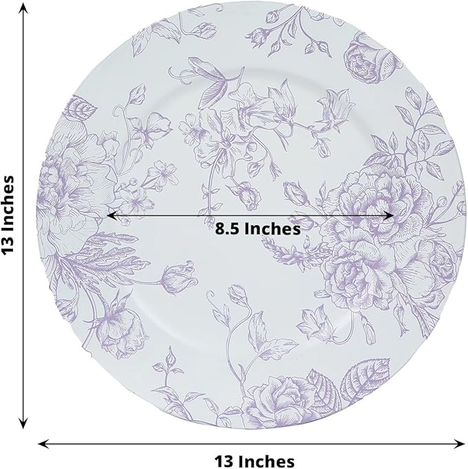 Efavormart 6 Pack Floral Acrylic Charger Plates in French Toile Pattern, Matte Lavender and White Round Dinner Charger Event Tabletop Decor - 13"
