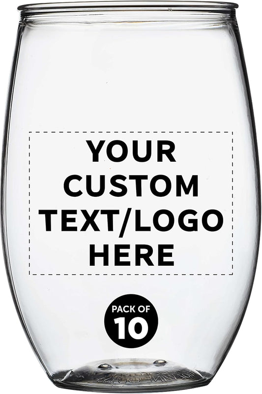Custom Plastic Stemless Wine Glasses 16 oz. Set of 10, Personalized Bulk Pack - BPA Free, Great for Outdoor Lounges, Poolside, Parties and Other Events - Clear