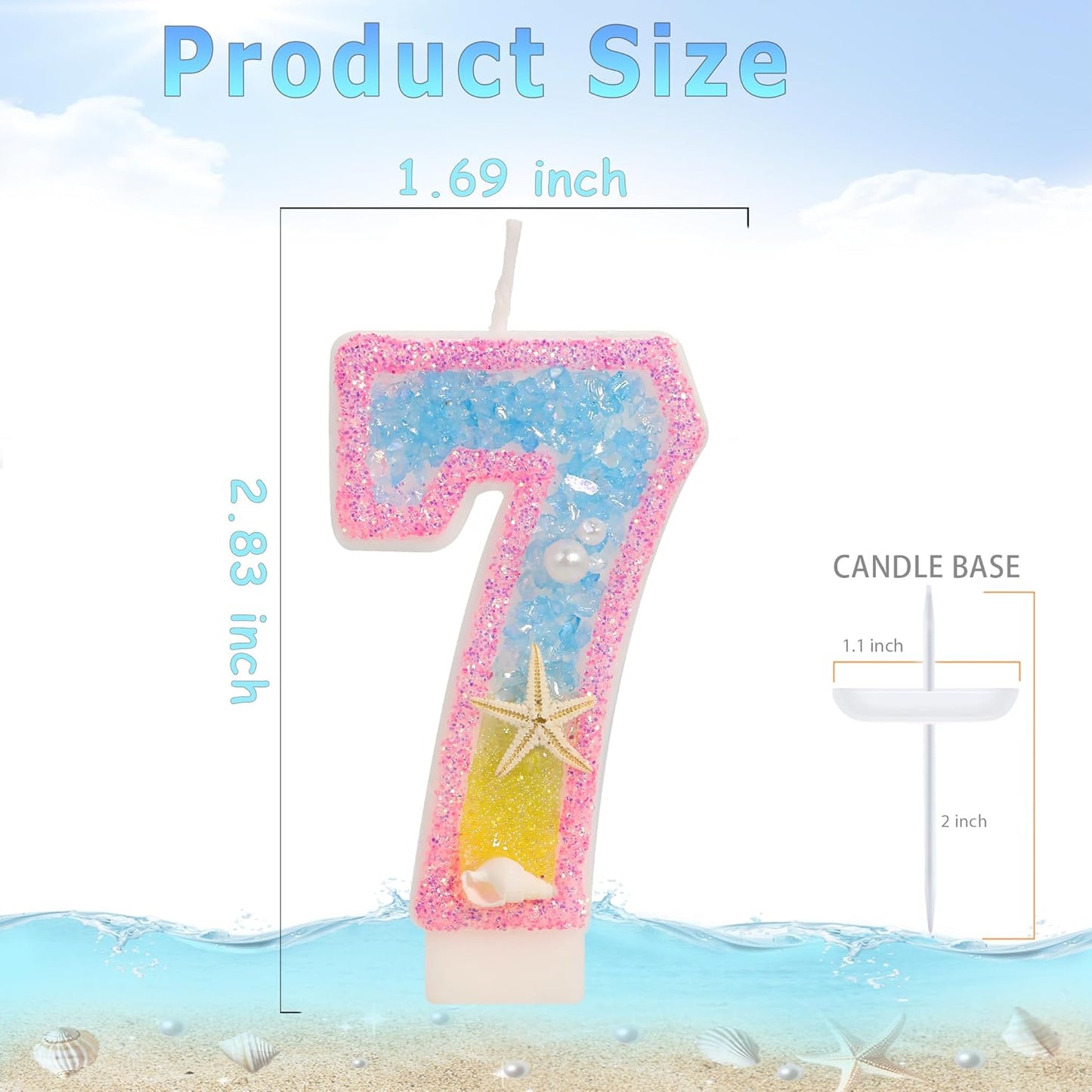 7th Birthday Candle for Cake, Pink Beach Starfish Sequins Number Candles, 2.76 inch Pink Cake Topper Decoration for Birthday Party (Number 7)