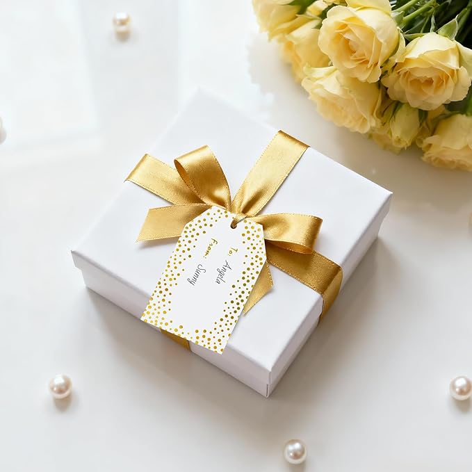 Anwyll Gift Tags with String - 50Pcs Gold Foil Metallic Name Gift Tags Confetti Polka Dot to from Gift Bag Tag Personalized Hang Paper Label Tag for Baby Shower Birthday Party Wedding Christmas Favors