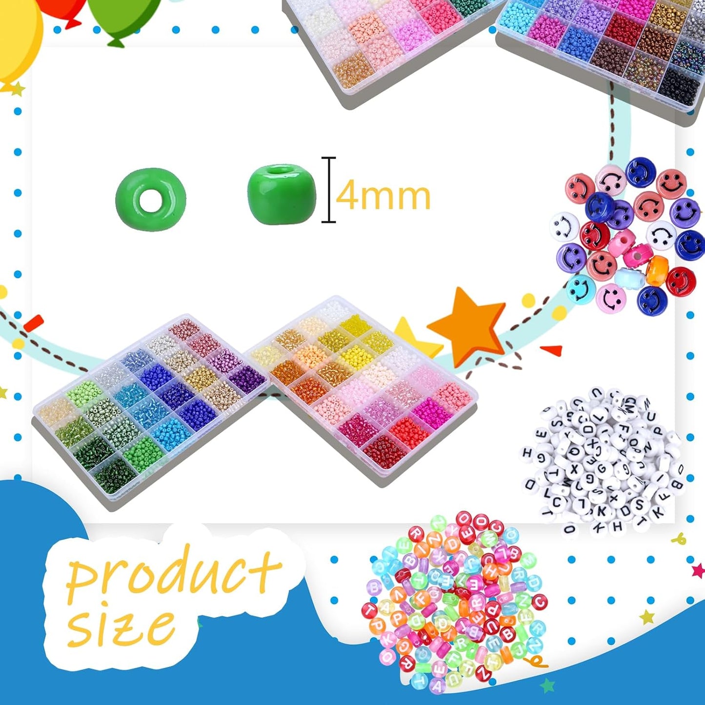 EFIVS ARTS Seed Beads 96 Colors 4MM Small Beads Kit Tiny Bracelet Waist Beads Set with Pendant Charms Letter Beads Kit for Concert Bracelets DIY Making