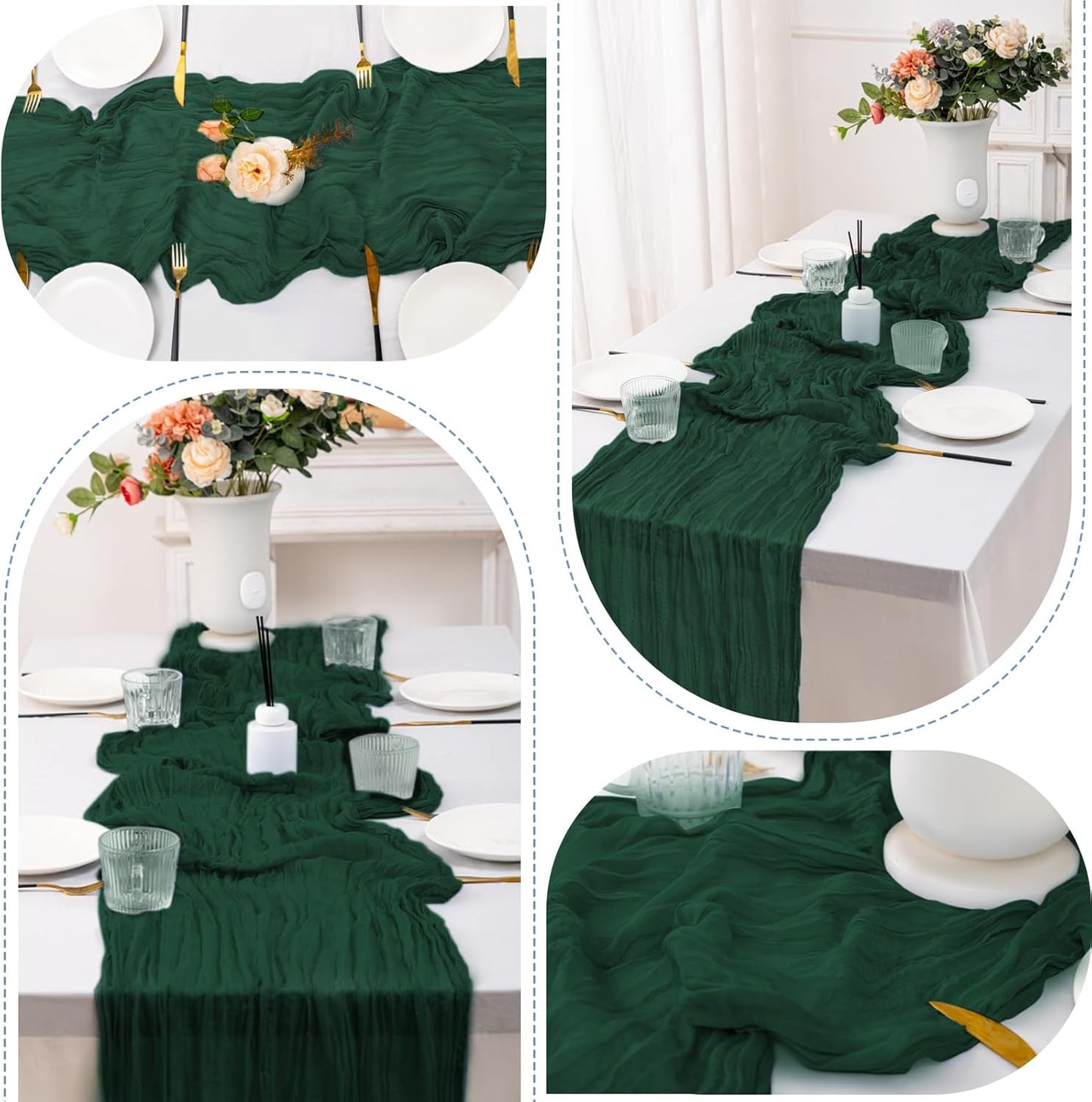 12 Pack Emerald Green Table Runners 10FT Cheesecloth Table Runner 21x120 inch Boho Gauze Cheese Cloth Table Runner Rustic Sheer Table Runners for Party Wedding Bridal Baby Shower Birthday Table Decor