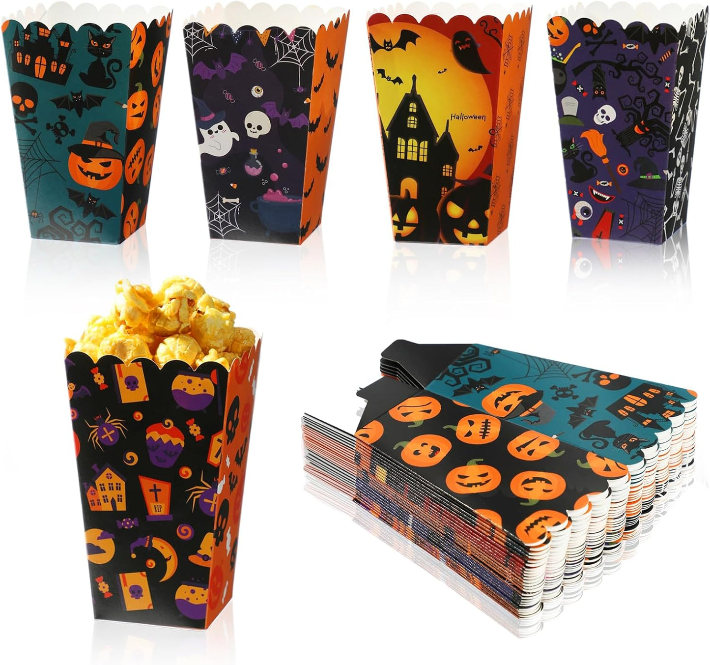 50 Packs Halloween Popcorn Boxes - Small Pop Corn Bags for Halloween Elements, Candies Snack Containers for Party Decoration, Cardboard Popcorn Holders for Carnival Night