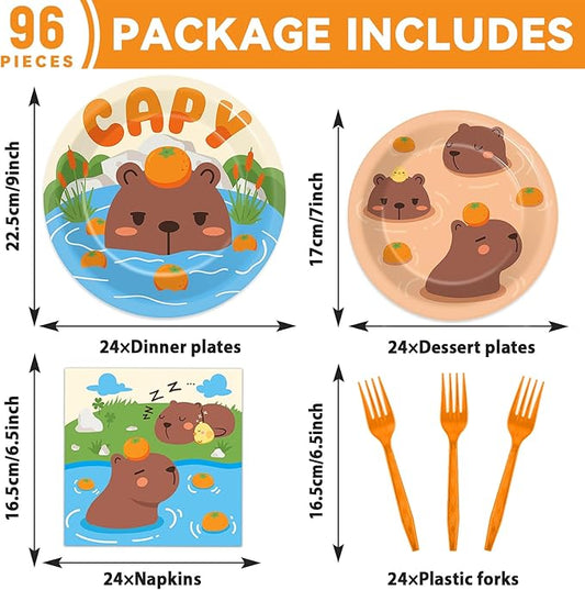 OBUSATT 96Pcs Capybara Birthday Party Supplies - Capybara Paper Plates, Napkins, Decorations, Zoo Pals Dinnerware, Party Favors, Cute Animal Tableware Serves 24