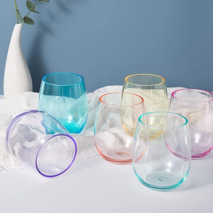 KX-WARE Unbreakable 18-ounce Acrylic Stemless Wine Glasses, set of 6 Coral Pink