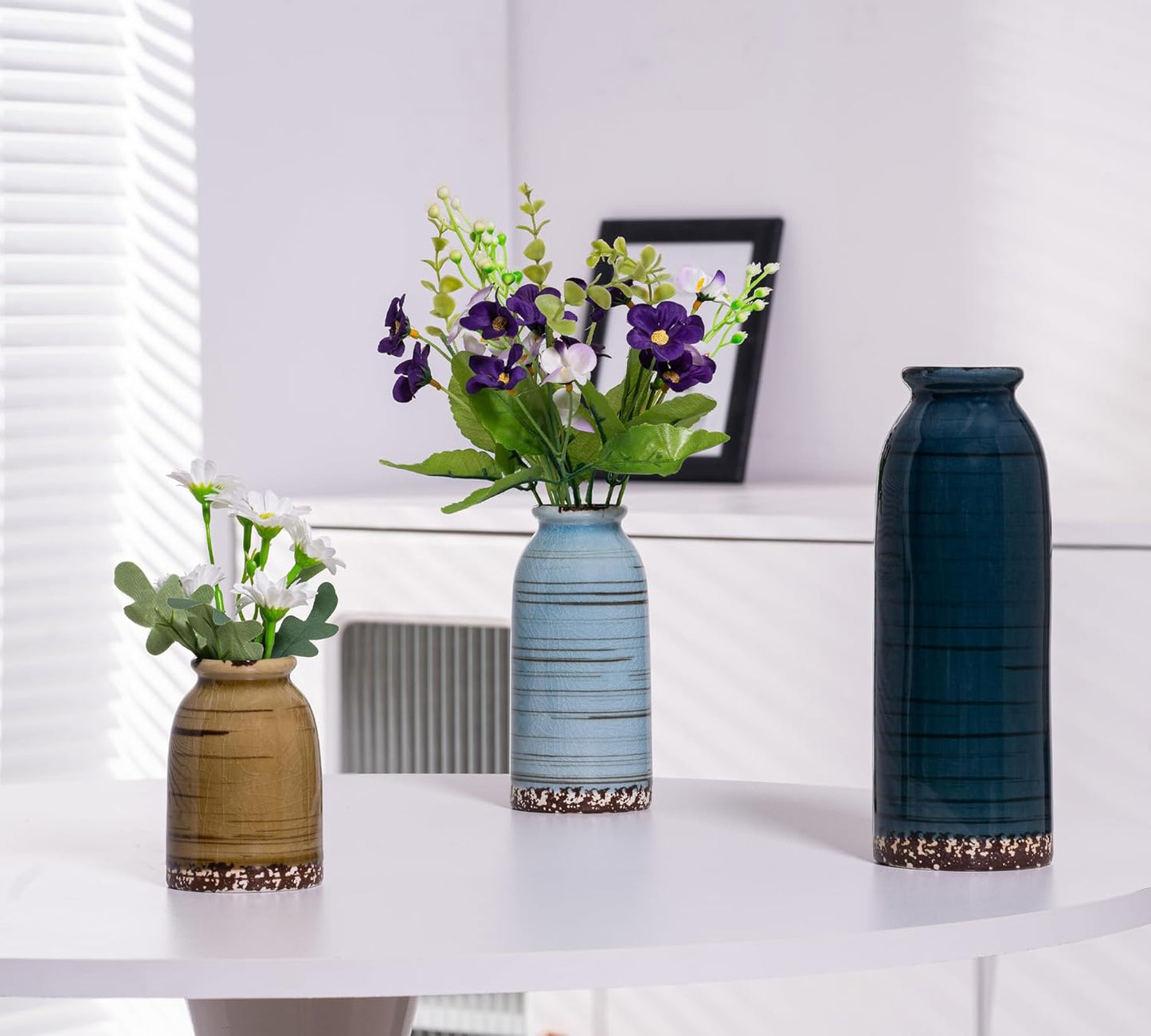 Ceramic Vase Set of 3, Glossy Glazed Surface 8.7" Tall Table Modern Farmhouse Decorative Small Flower Vase for Christmas Home Decor Bookshelf Living Room Bedroom Blue