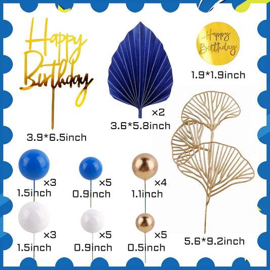 MEMOVAN Blue White Gold Ball Cake Toppers Balls Cupcake Toppers Foam Ball Shaped Cake Picks DIY Balloon Cake Insert Topper Ball Birthday Cake Decorations for Birth Boho Wedding Baby Shower Party