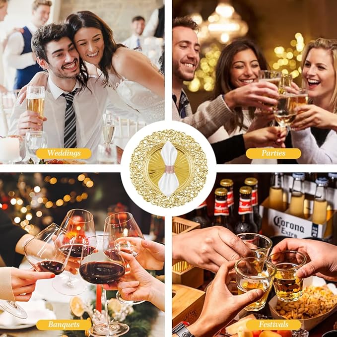 Set of 12 Gold Charger Plates and 12 Napkin Rings, 13-Inch Heavy-Duty Stackable Chargers for Dinner Plates, Perfect for Wedding & Party Table Settings