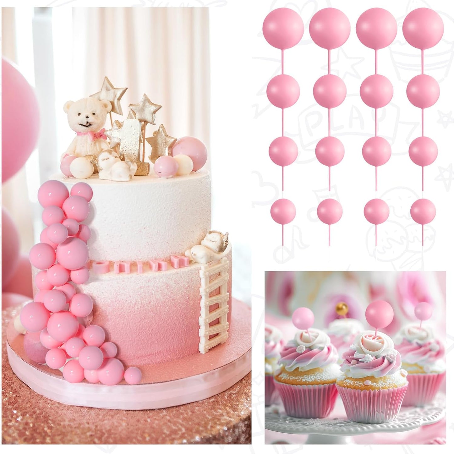 138 Pcs Pink Balls Cake Topper Decorations Balloon Cupcake Toppers Foam Multisize Cake Topper Balls for Birthday Party Wedding Anniversary