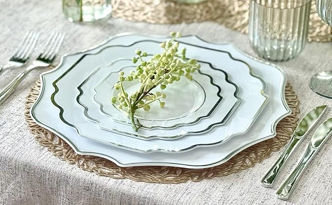 " OCCASIONS " 20 Pieces 13.25'' Scalloped Disposable/Reusable Plastic Charger Plates for Wedding, (Scalloped Imperial White & Silver)