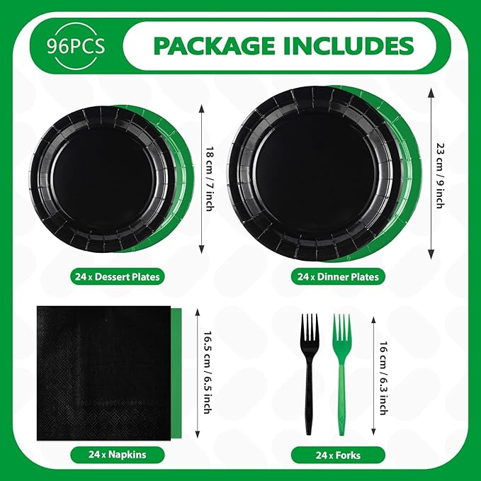 Grencian 96 Pcs Green and Black Birthday Decorations Solid Color Party Plates and Napkins Disposable Heavy Duty Green and Black Tableware Set for Holiday Birthday Baby Shower Party Decorations