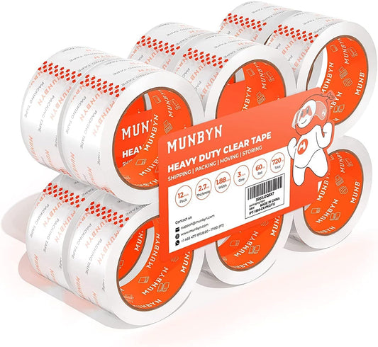 MUNBYN Packing Tape, Heavy Duty Shipping Tape with Total 720 Yards, 2.7mil, 1.88" *60 Yard(Per Rolls) Great for Shipping Packing Moving Mailing Office Storage, Clear Tape Refill for Dispenser