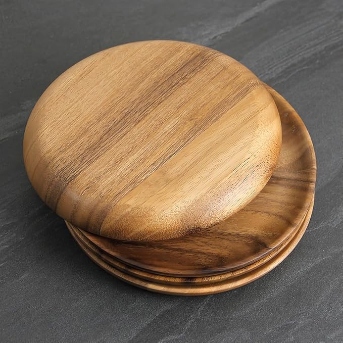 IQCWOOD 4 Pcs Wooden Dinner Plates, 8 Inch Acacia Wood Dinner Plates for Eating Wooden Serving Platter for Food Sandwich Dessert Salad Plate Fruit Platters Round Tray Wood Charger Plate