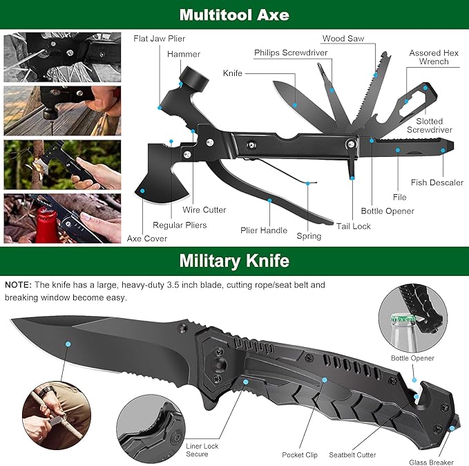 Emergency Survival Kit and First Aid Kit, 142Pcs Professional Survival Gear and Supplies Equipment with Molle Pouch, Gift for Christmas Men Dad Husband Camping Hiking Hunting Outdoor Adventure