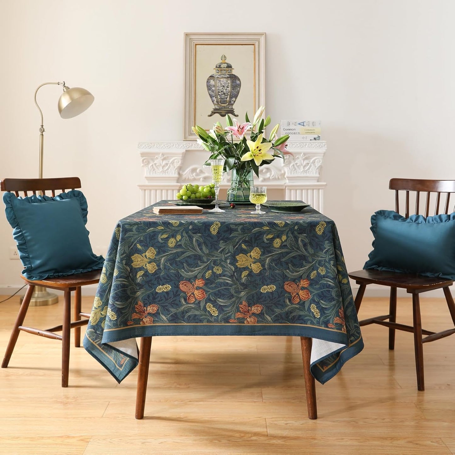 patdrea Designer Dark Blue Linen Rectangle Tablecloth,Vintage French Rustic Floral Pattern Tablecloths,Decorative Table Cover Cloth for Kitchen,Dining,Tea Party,Home,Christmas,55"*71"