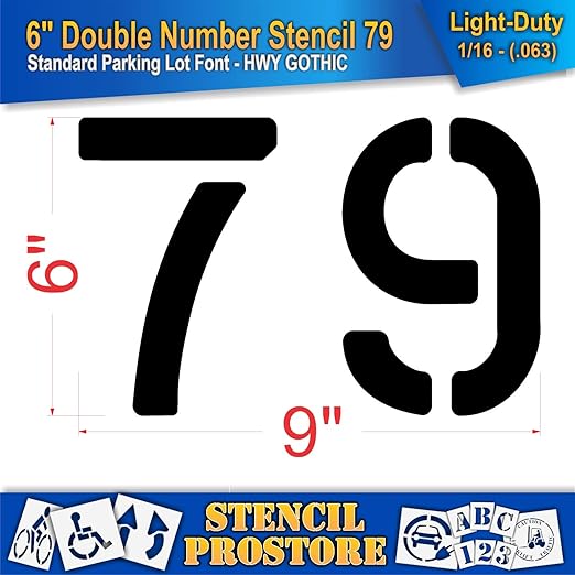 Pavement, Curb, and WheelStop Stencils - 6 inch Double Number Stencil - (79) - 6" x 9" x 1/16" (63 mil) - Light-Duty
