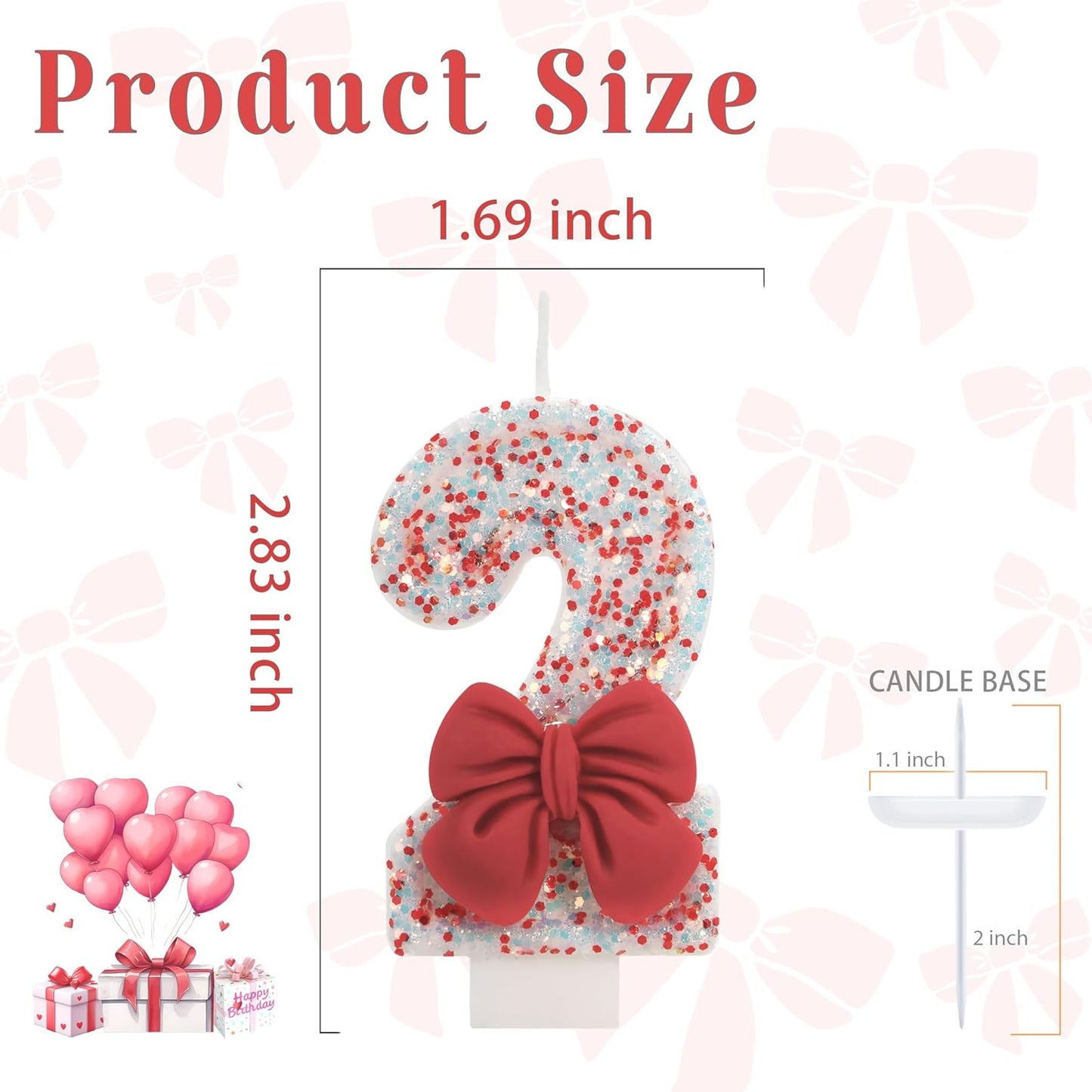 Birthday Candle for Cake, Red Bow Number Candles, 2.76 inch Cake Topper Decoration for Birthday Party (Number 2)