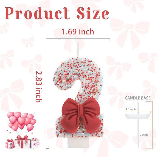 Birthday Candle for Cake, Red Bow Number Candles, 2.76 inch Cake Topper Decoration for Birthday Party (Number 2)