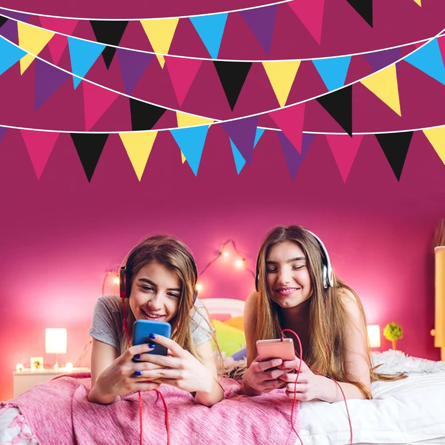 pinkblume 32Ft 80s Party Decorations Triangle Flag Pennant Bunting Banner Fabric Garland Streamers for 80s Retro Hip Hop 1980s Throwback Birthday Rock Hippie Party Decor Supplies