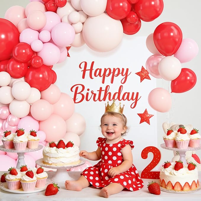 Amandir 153pcs Red and Pink Balloons Arch Garland Kit, Different Sizes 18 12 10 5 inch Strawberry Cherry Pastel Pearl Light Pink Balloon Sweet One Shower Berry First Birthday Summer Party Decorations