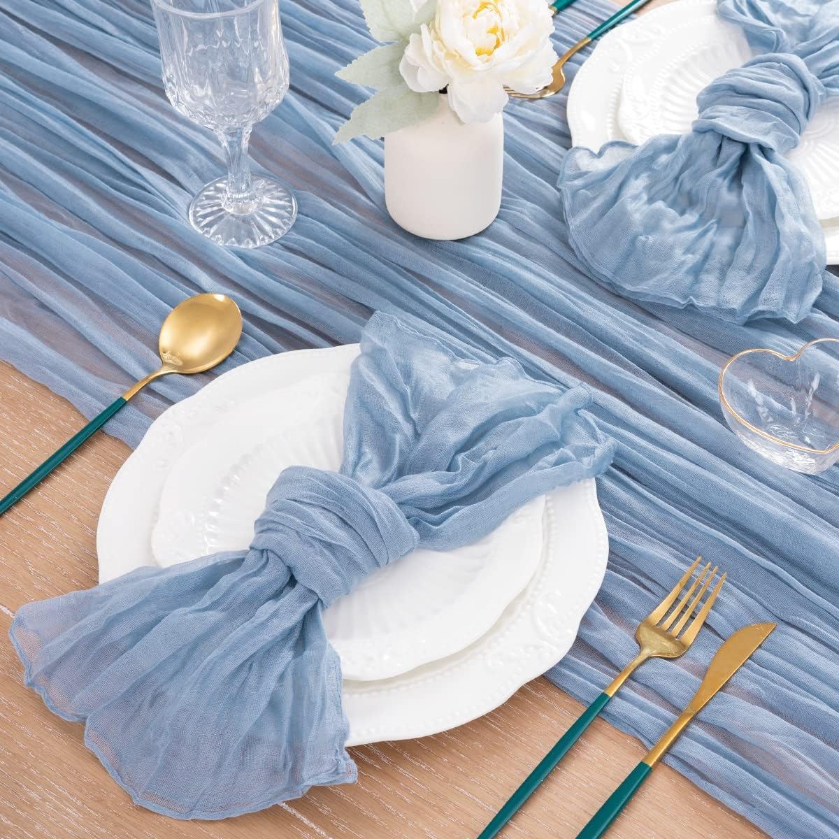 MLMC 3 Pack Dusty Blue Table Runner 10ft Boho Gauze Cheesecloth Table Runner Bulk 35x120 Inches Rustic Cheese Cloth Fall Decor for Wedding Bridal Shower Baby Shower Party Decor