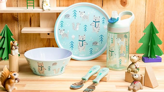 Zak Designs 5-Piece Dinnerware Set, Forest Friends - Durable Plastic & Stainless Steel - Includes Water Bottle, 8-Inch Plate, 6-Inch Bowl, Fork & Spoon - Suitable for Kids Ages 3+