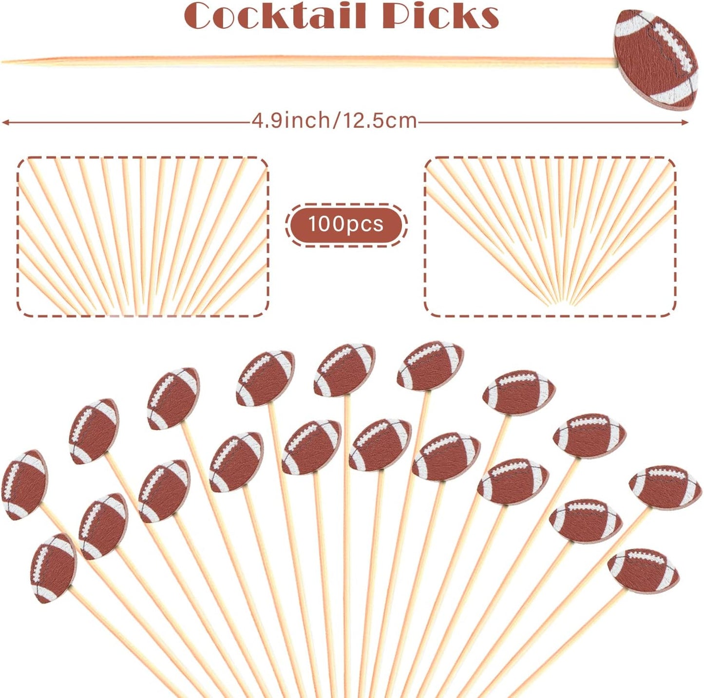 100pcs Football Cocktail Picks Decorative Toothpicks Fruit Sandwich Skewers Dessert Sticks for Rugby Ball Super Bowl League Sports Catered Events Decorations Party Supplies