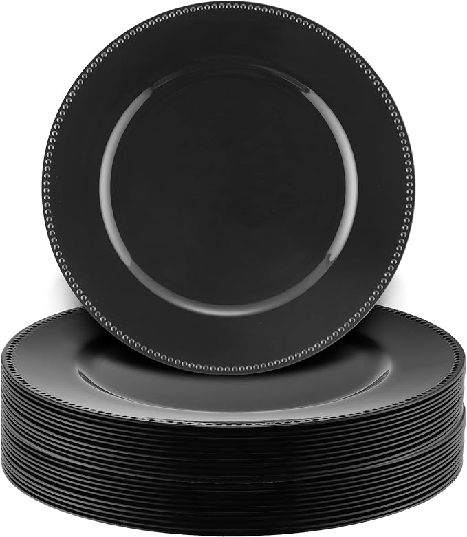 24 Pack Metallic Charger Plates 13inch Round Elegant Serving Plates Plastic Disposable Chargers Bulk Dinnerware Set for Dinner Wedding Party Events Catering Decoration(Black,Beaded Rim)