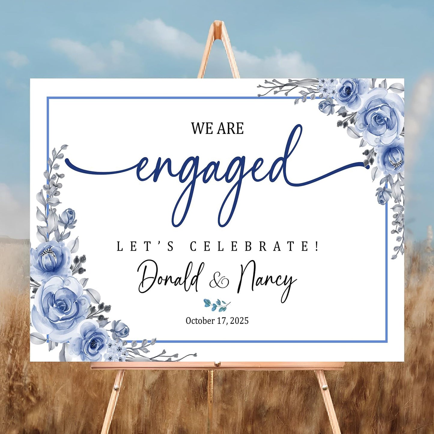 Engagement Party Welcome Sign, Blue Floral Engagement Picture Signs, Engagement Signs For A Party, Engagement Decorations Party, Engagement Dinner Decorations, Engagement Party Backdrop