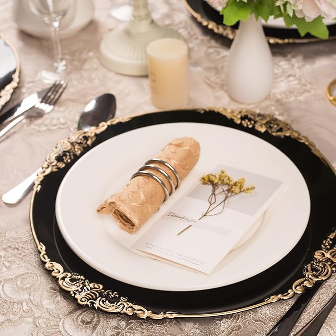 MAONAME Black Charger Plates with Gold Rim, Round Antique Plate Chargers for Dinner Plates, 13" Plastic Charger for Wedding Table Setting, Set of 6