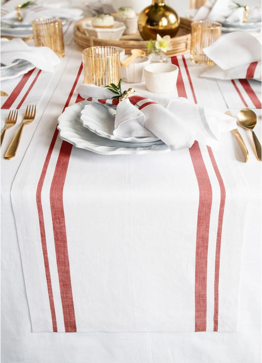 Solino Home Linen Table Runner 90 Inches Long - 100% Pure Linen Red and White French Stripe Table Runner 14 x 90 Inch for Dining, Christmas, Holiday