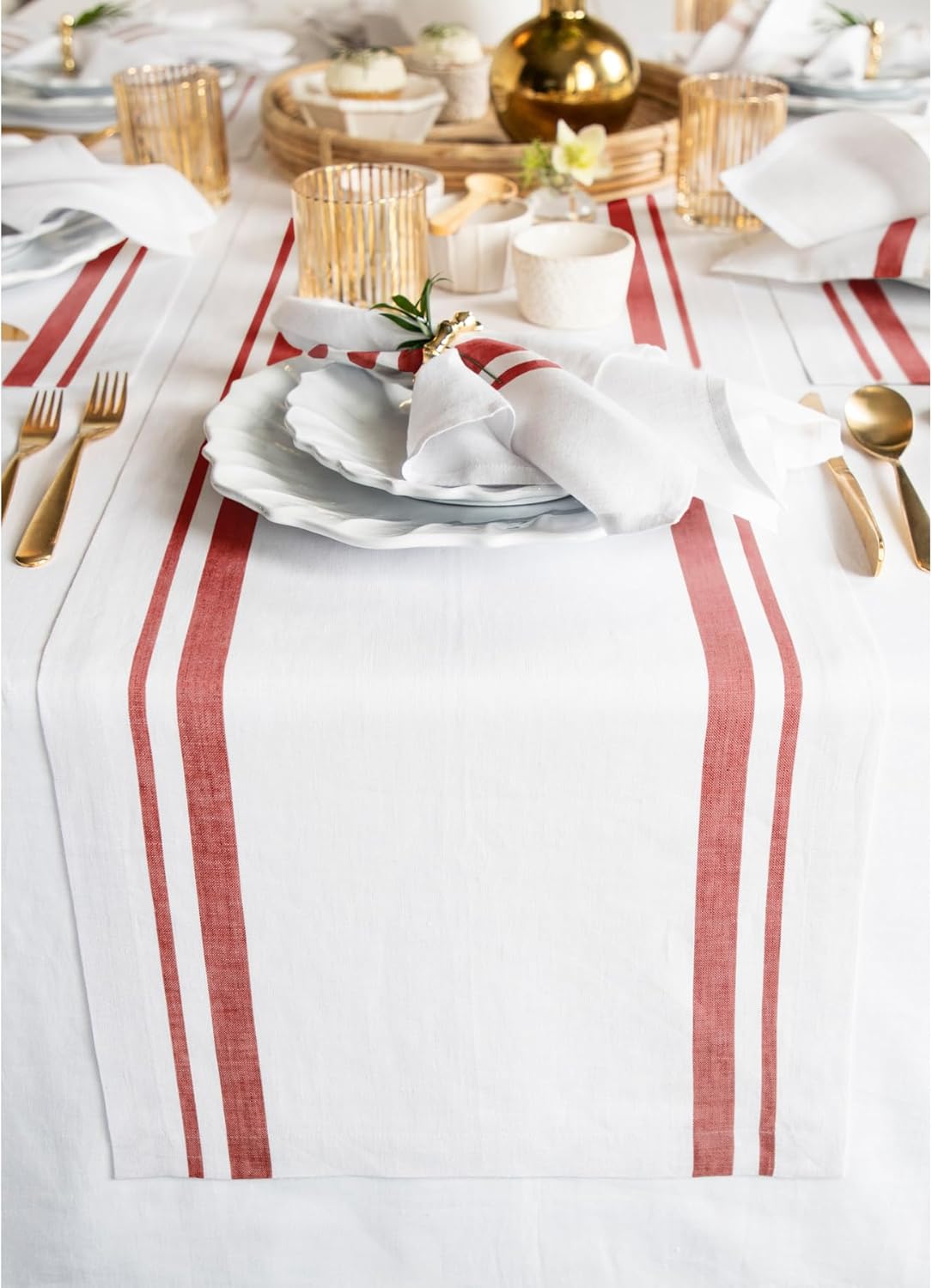 Solino Home Linen Table Runner 60 Inches - 100% Pure Linen Red and White French Stripe Table Runner 14 x 60 Inch Ideal for Dresser and Coffee Tables - Christmas, Holiday
