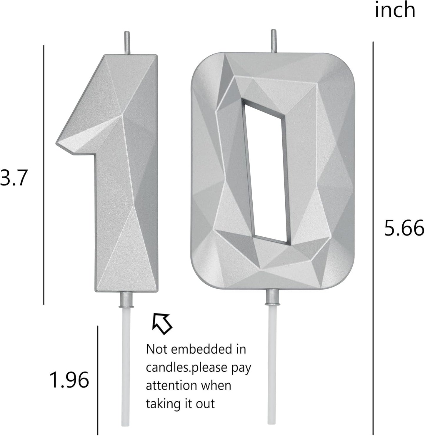 DERVENTA Birthday Candle Big Number 3D Silver 3.7 inch Party Celebration Anniversary Decoration Cake Topper 1 Piece (Number 10 Silver)